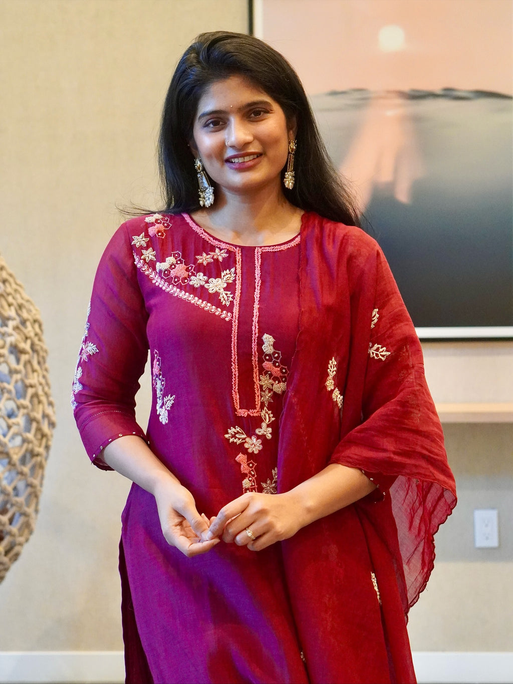 Wine Color Embroidered Kurta Set