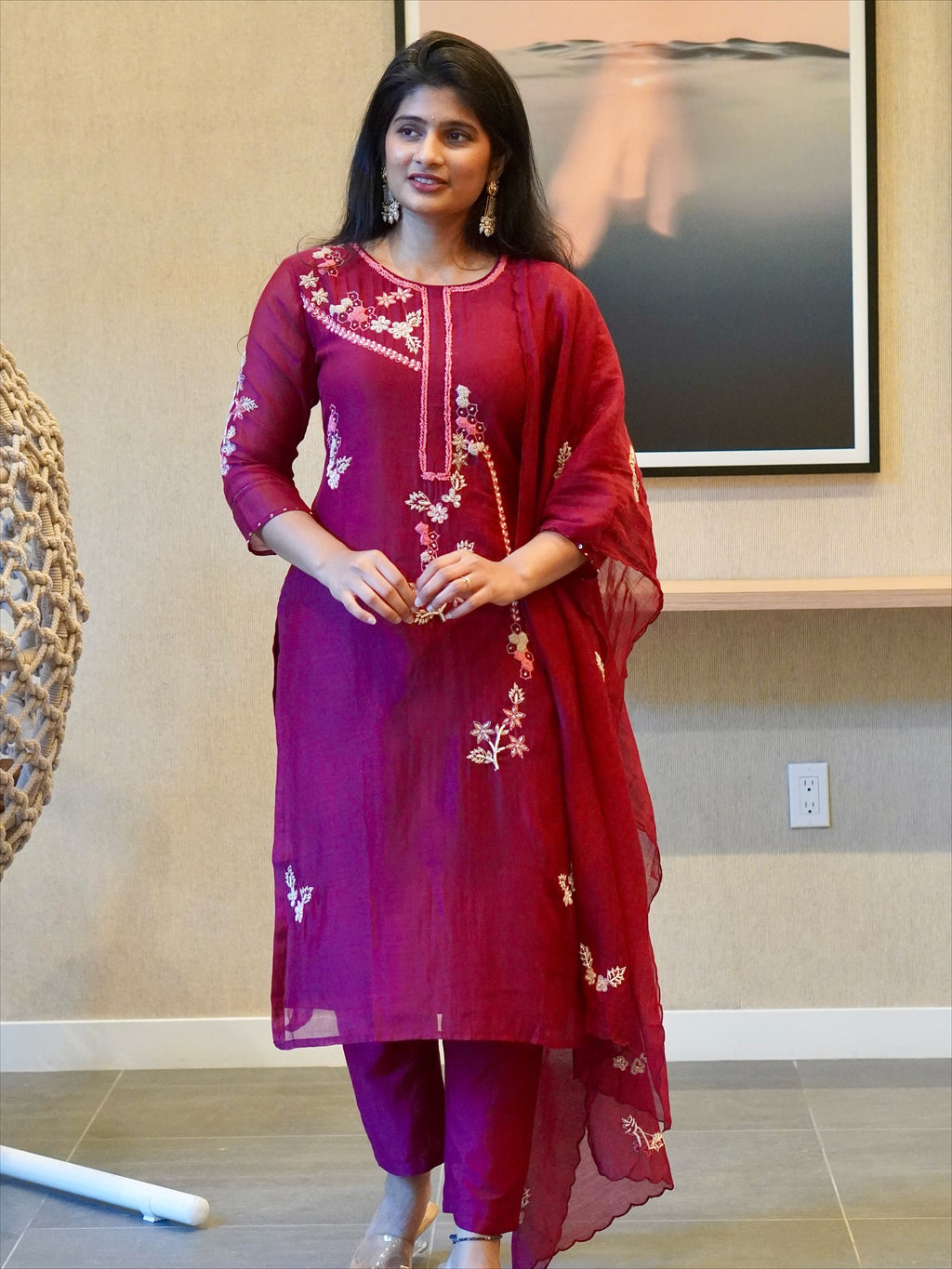 Wine Color Embroidered Kurta Set