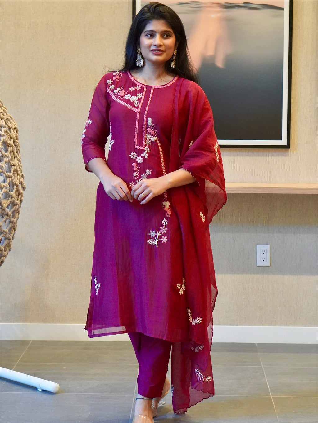 Wine Color Embroidered Kurta Set