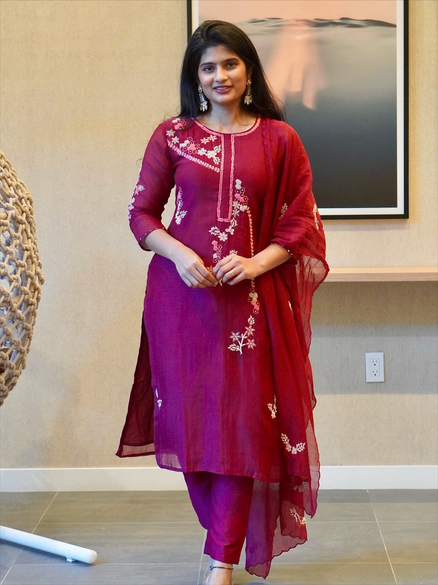 Wine Color Embroidered Kurta Set