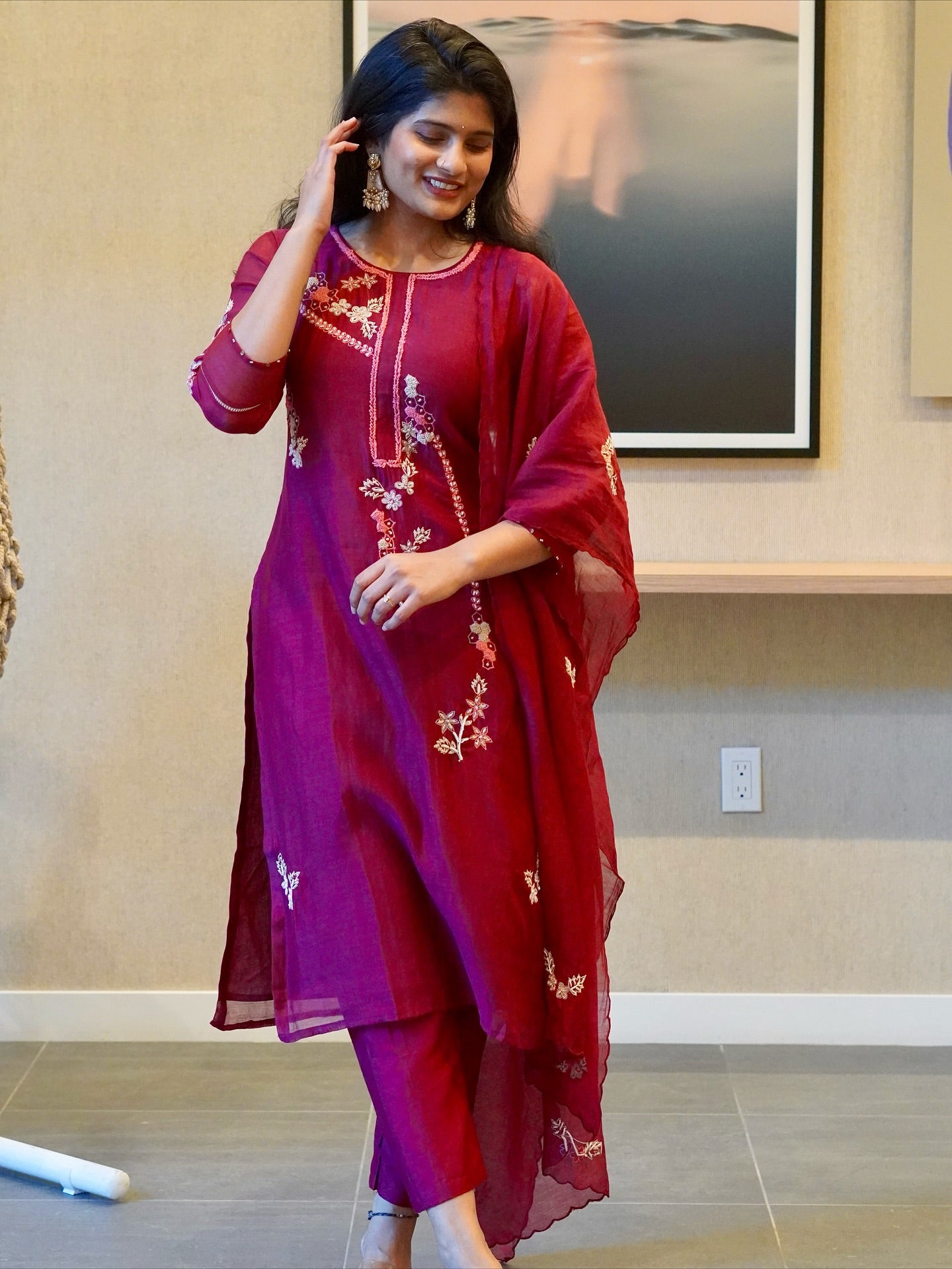 Wine Color Embroidered Kurta Set