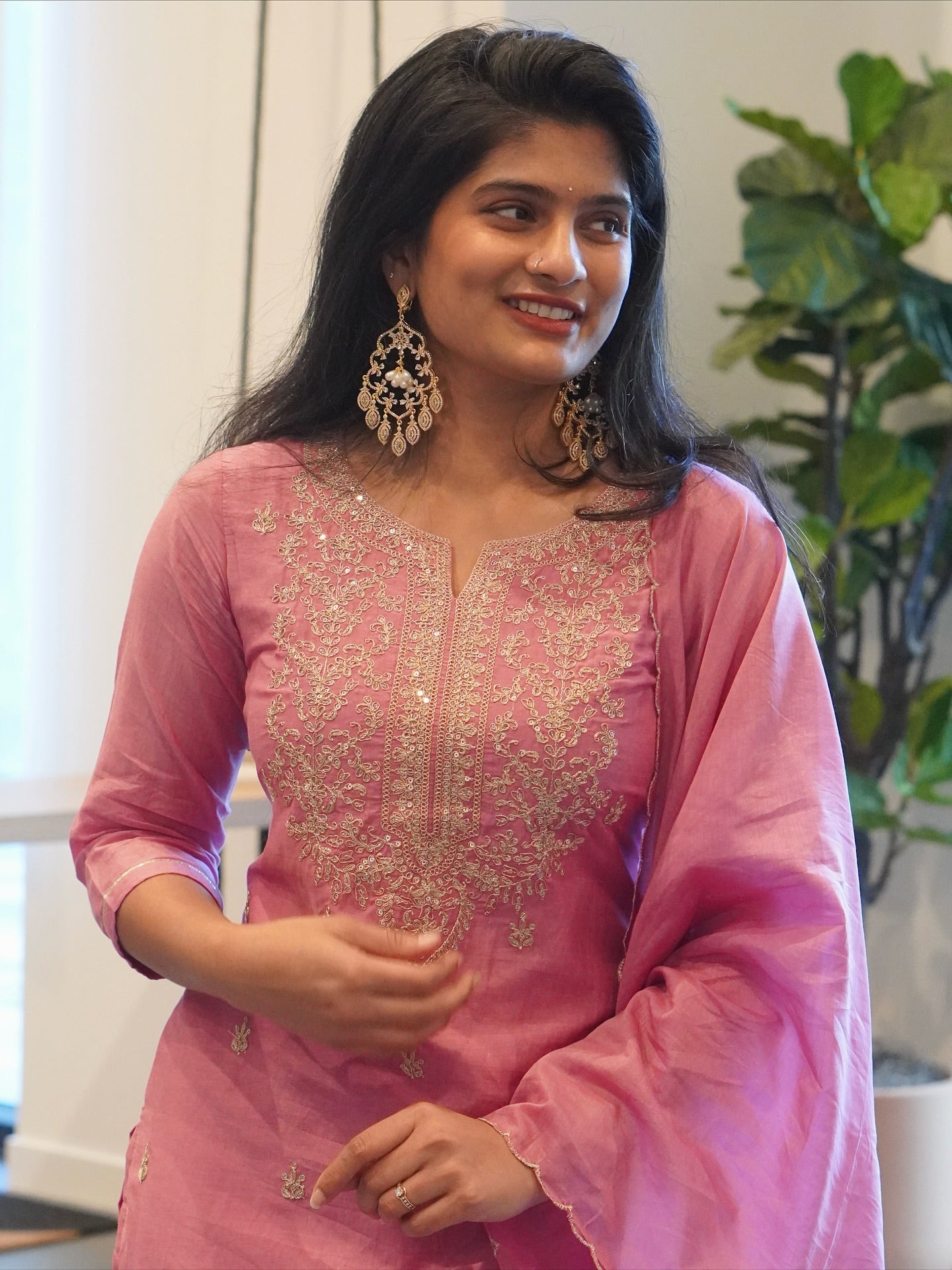 Light Rose Pink Embroidered Kurta Set