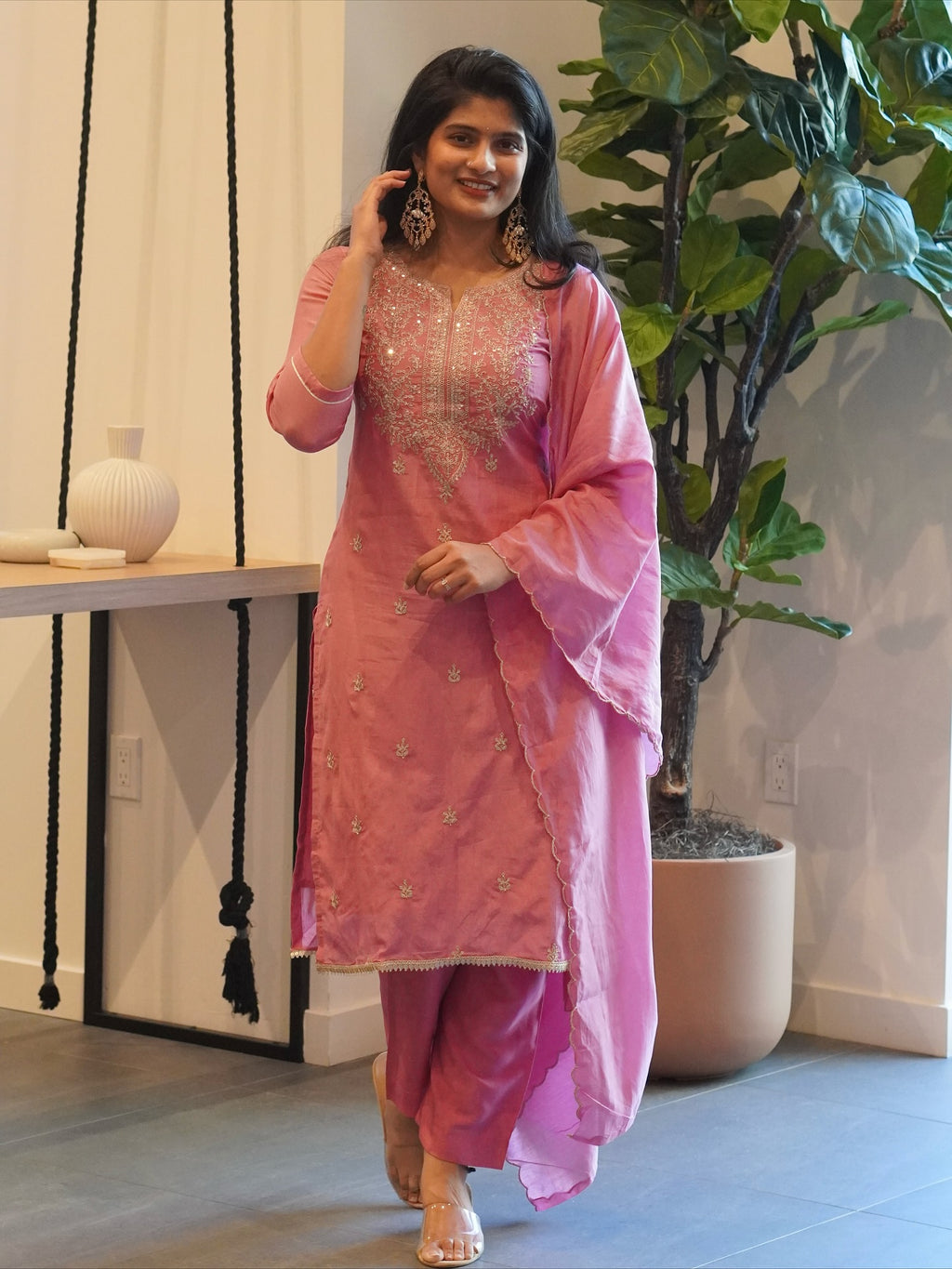 Light Rose Pink Embroidered Kurta Set