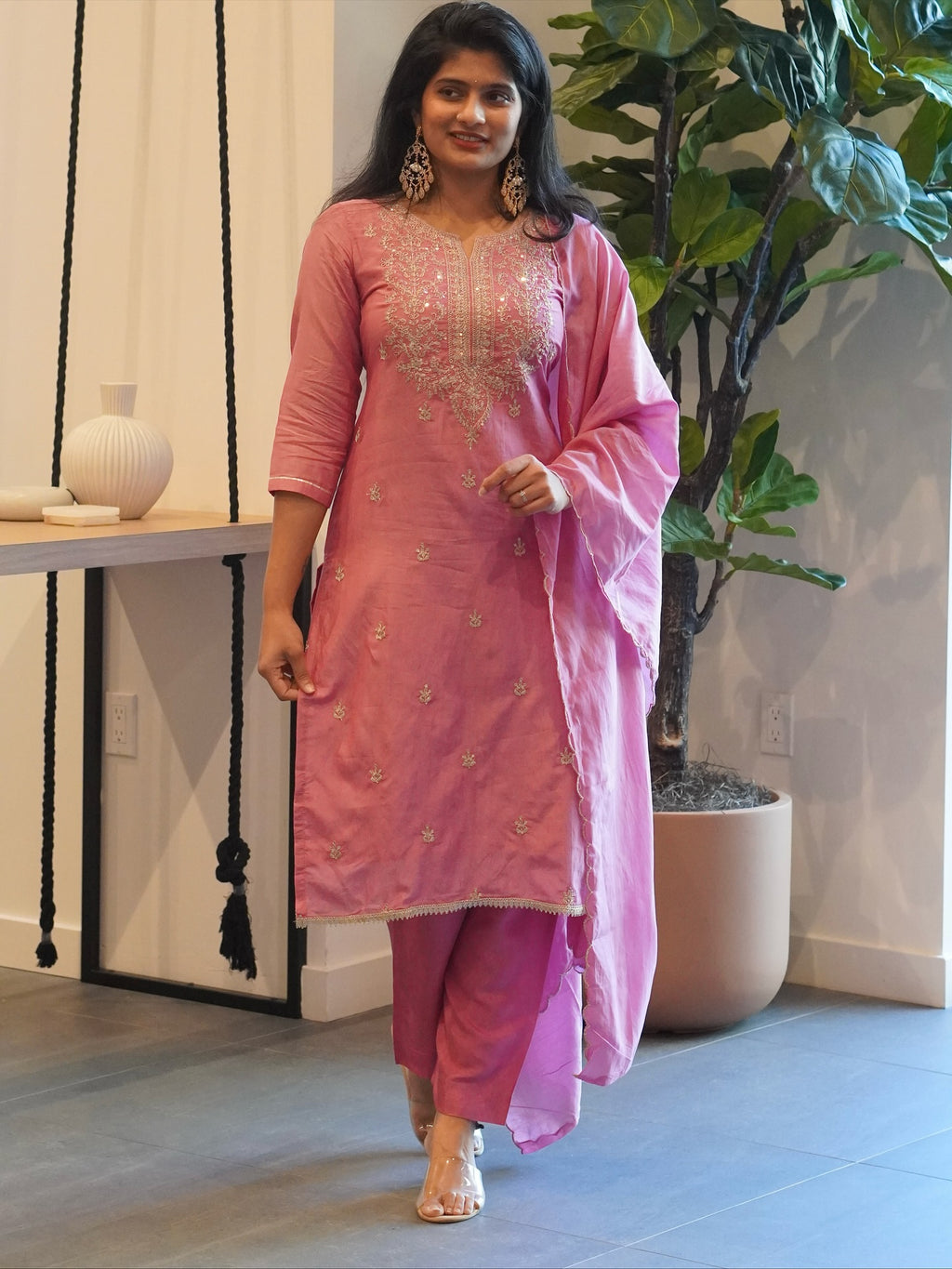Light Rose Pink Embroidered Kurta Set