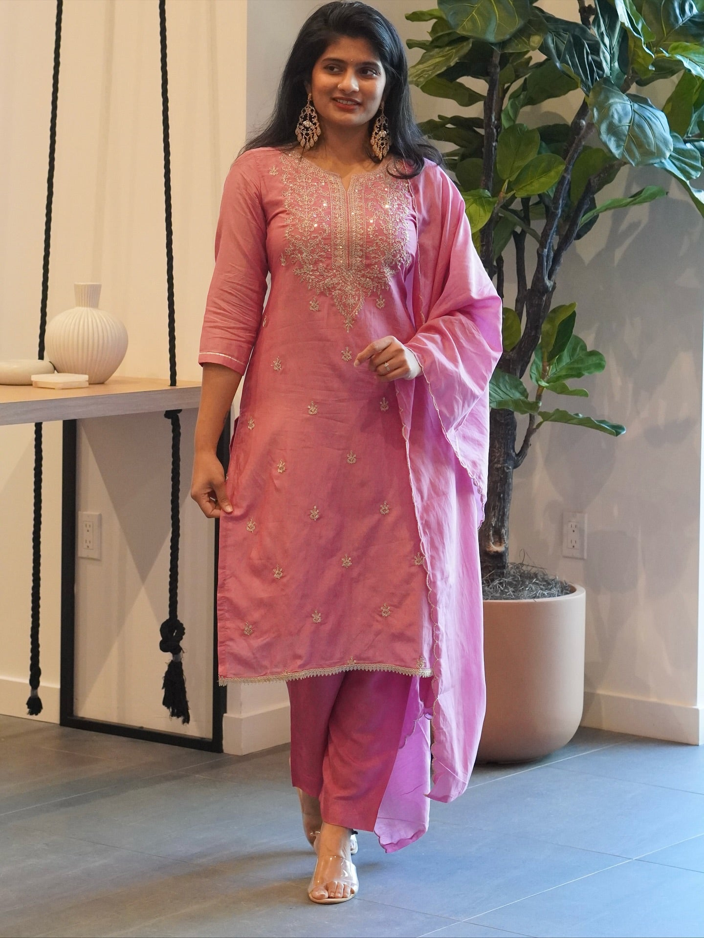 Light Rose Pink Embroidered Kurta Set