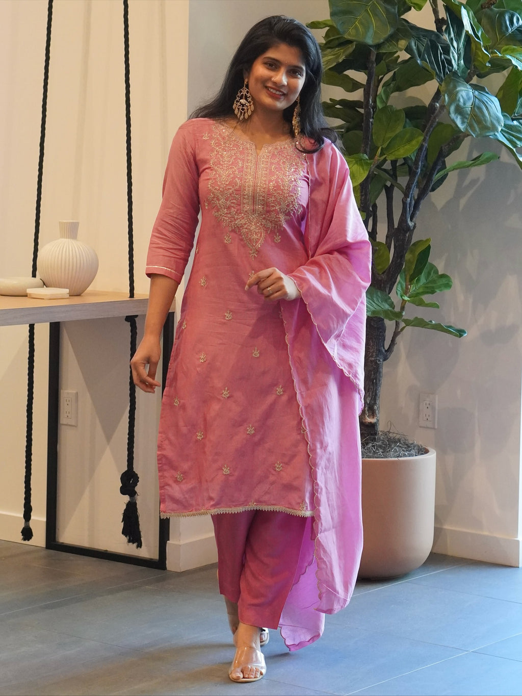 Light Rose Pink Embroidered Kurta Set