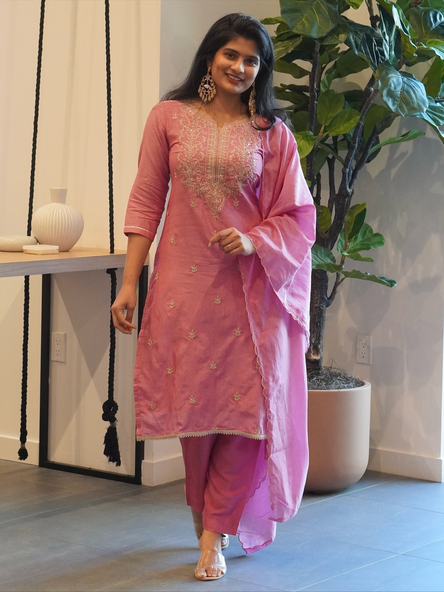 Light Rose Pink Embroidered Kurta Set