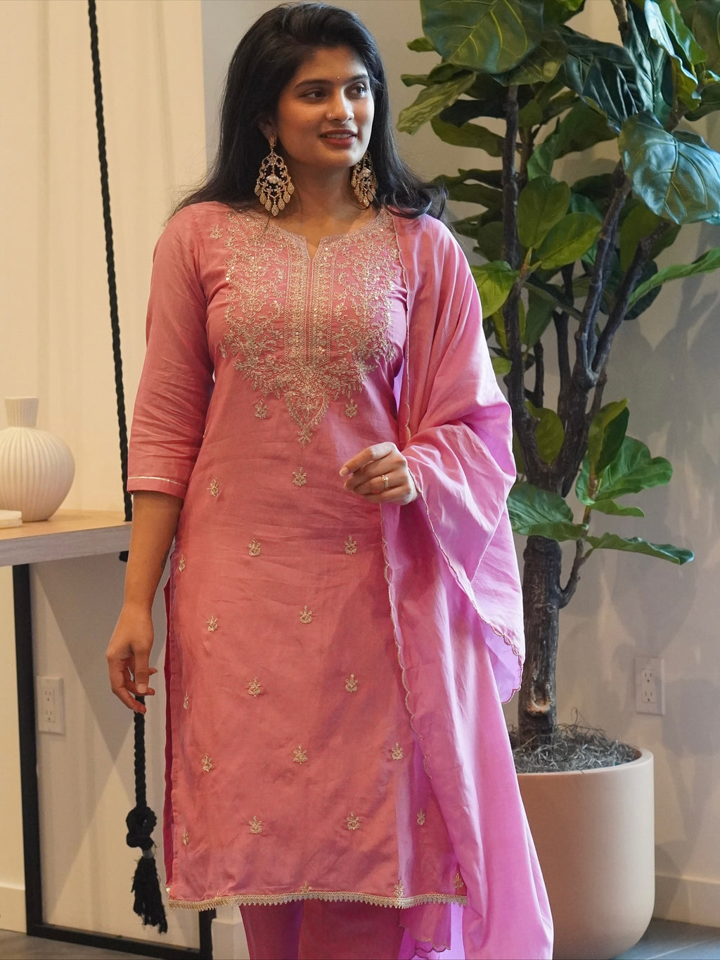 Light Rose Pink Embroidered Kurta Set