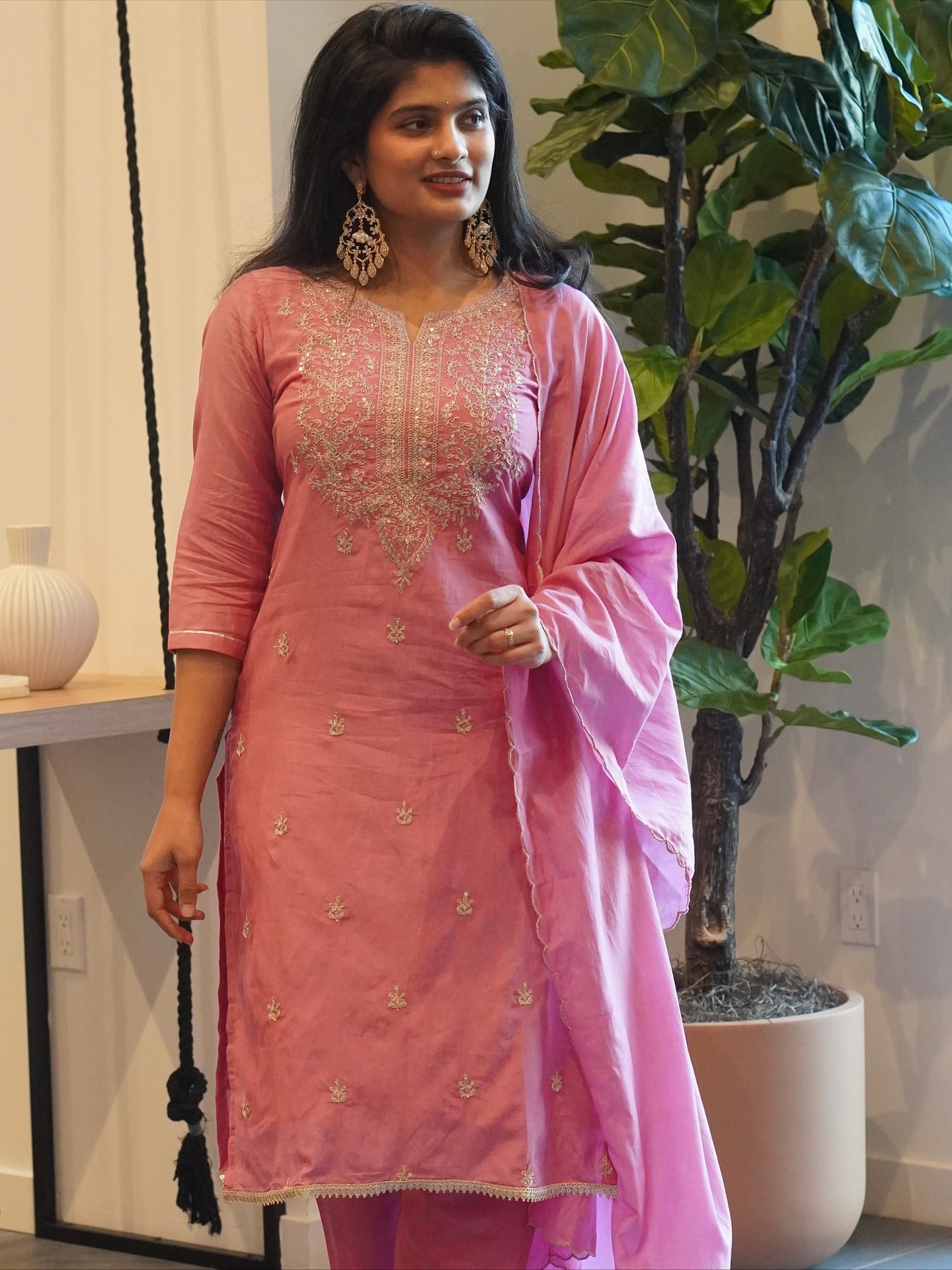 Light Rose Pink Embroidered Kurta Set