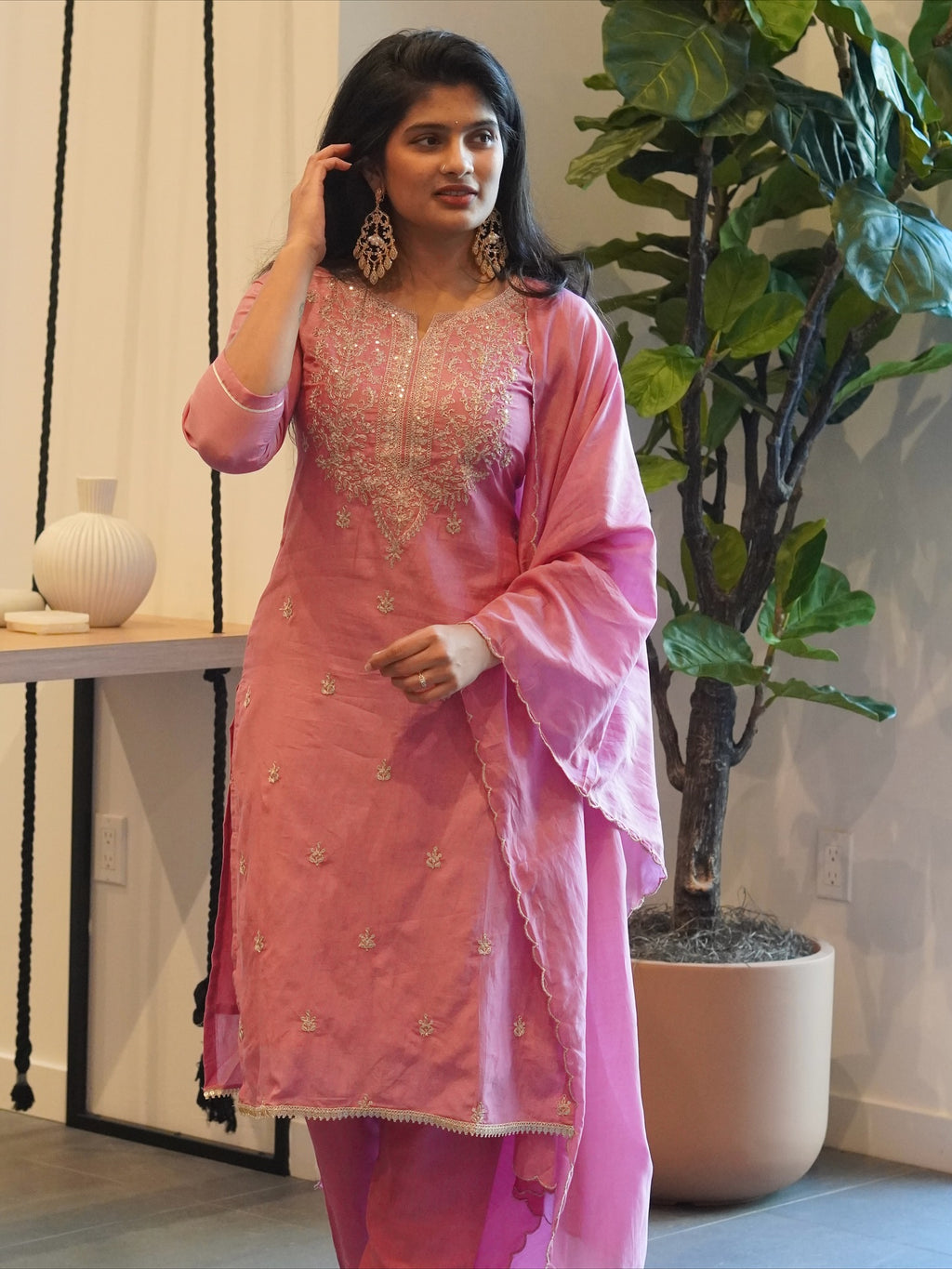 Light Rose Pink Embroidered Kurta Set