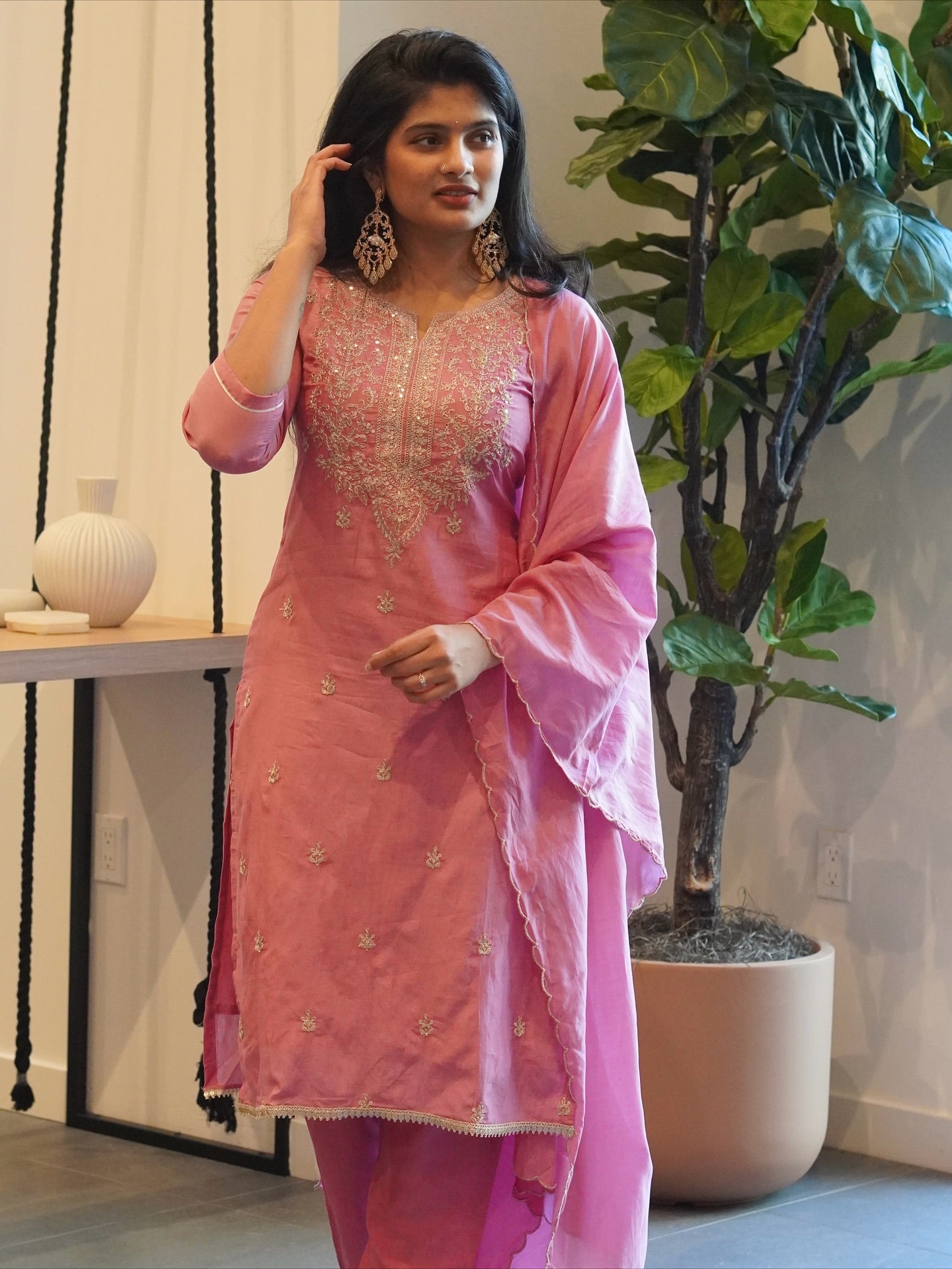 Light Rose Pink Embroidered Kurta Set