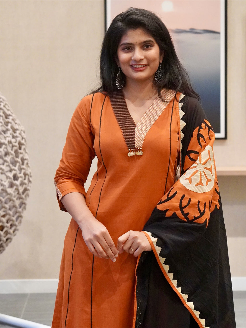 Orange and Black Kurta Set