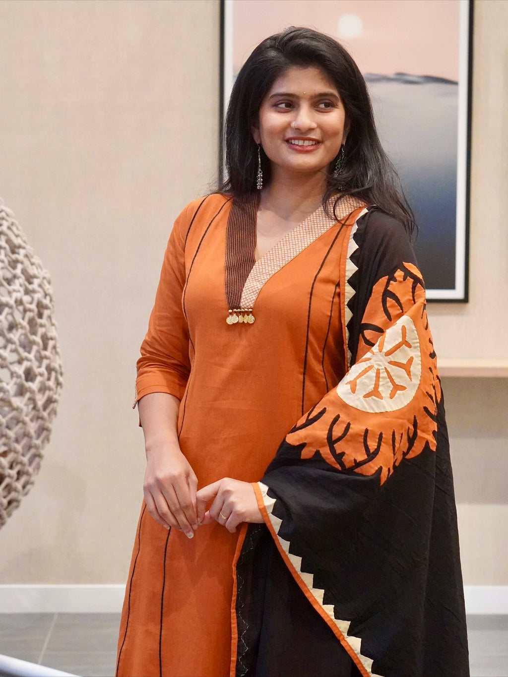 Orange and Black Kurta Set