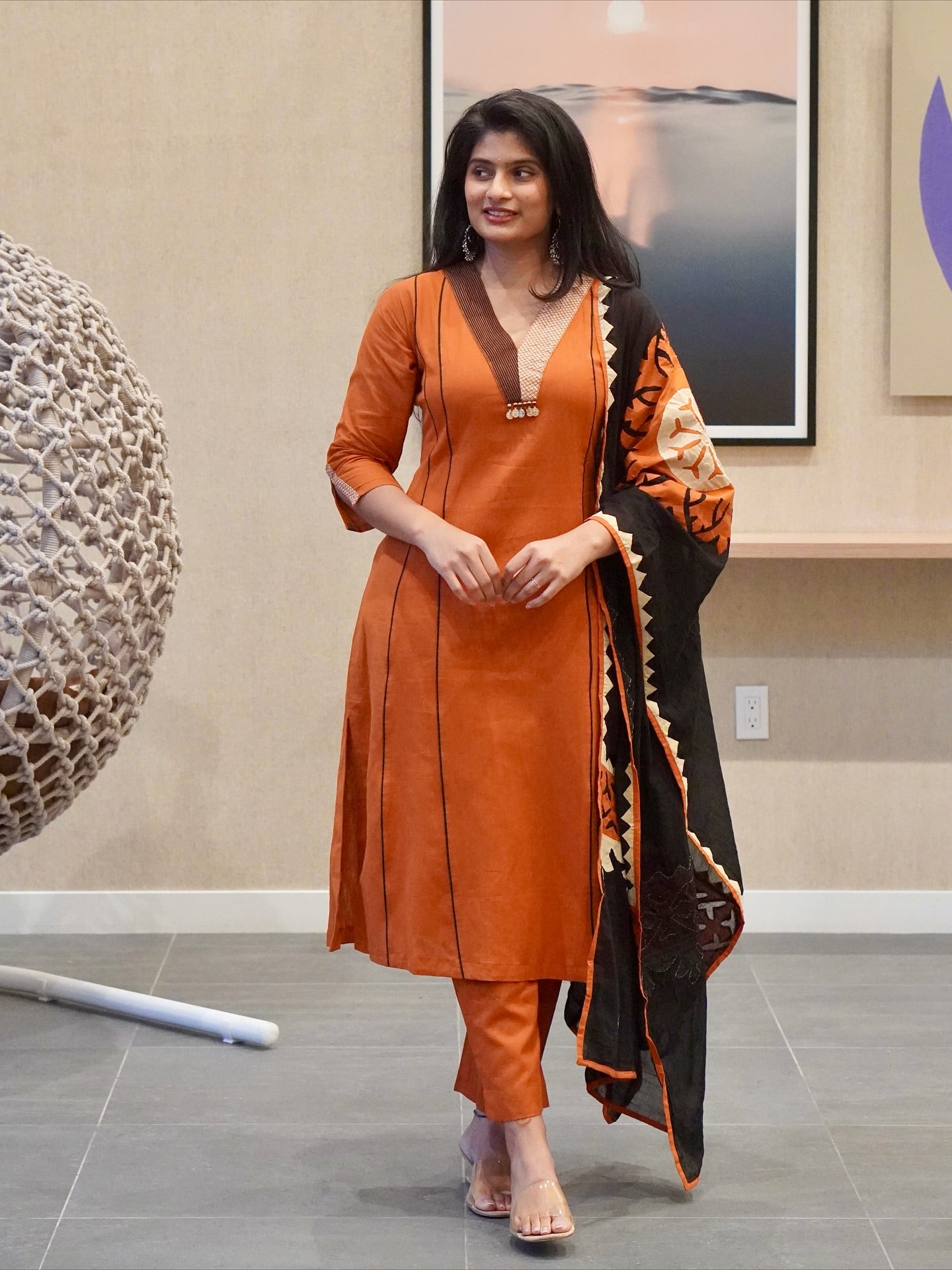 Orange and Black Kurta Set