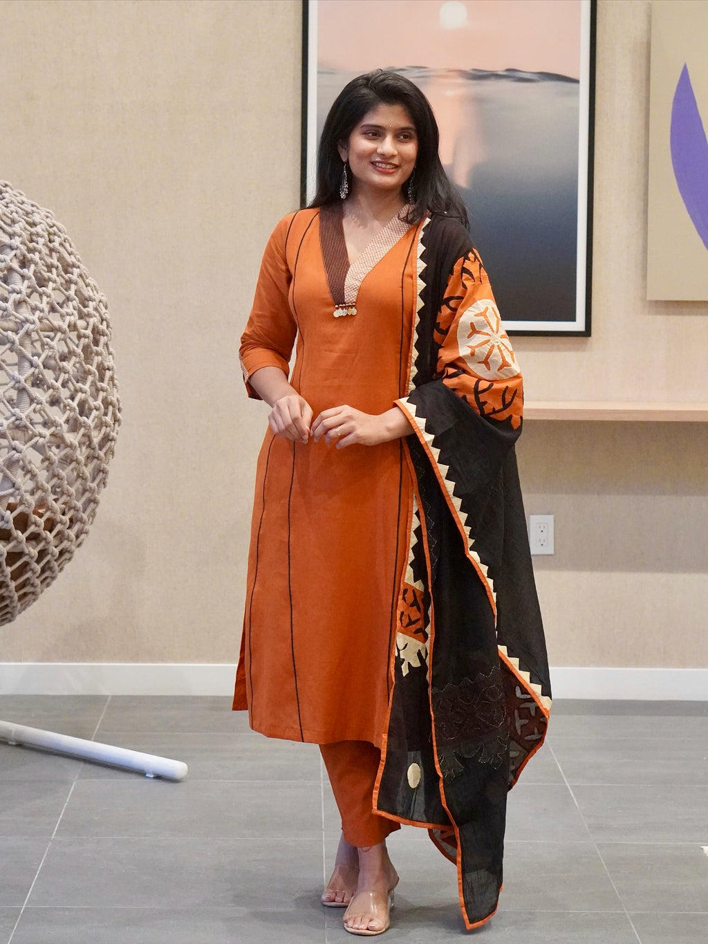 Orange and Black Kurta Set