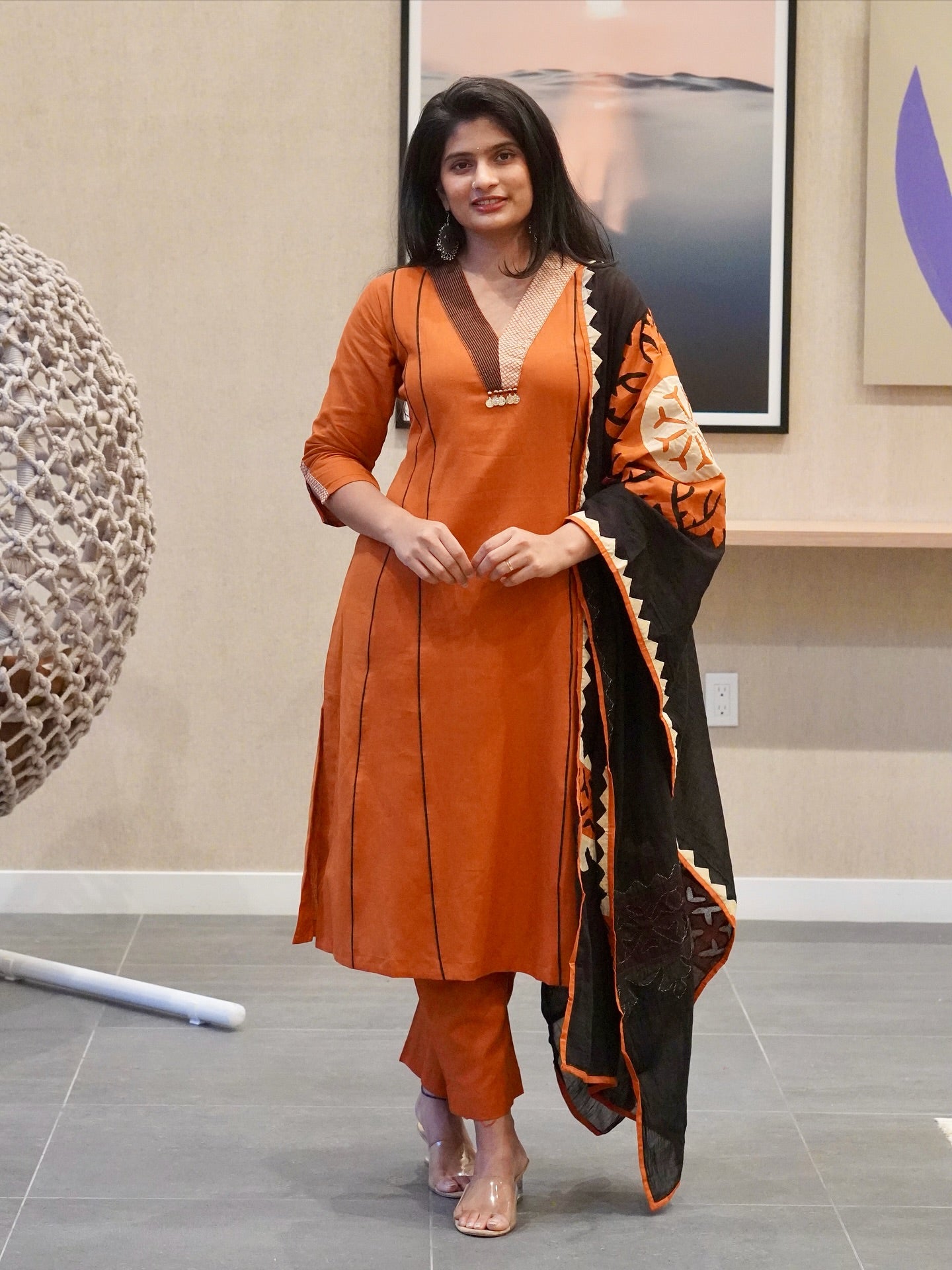 Orange and Black Kurta Set