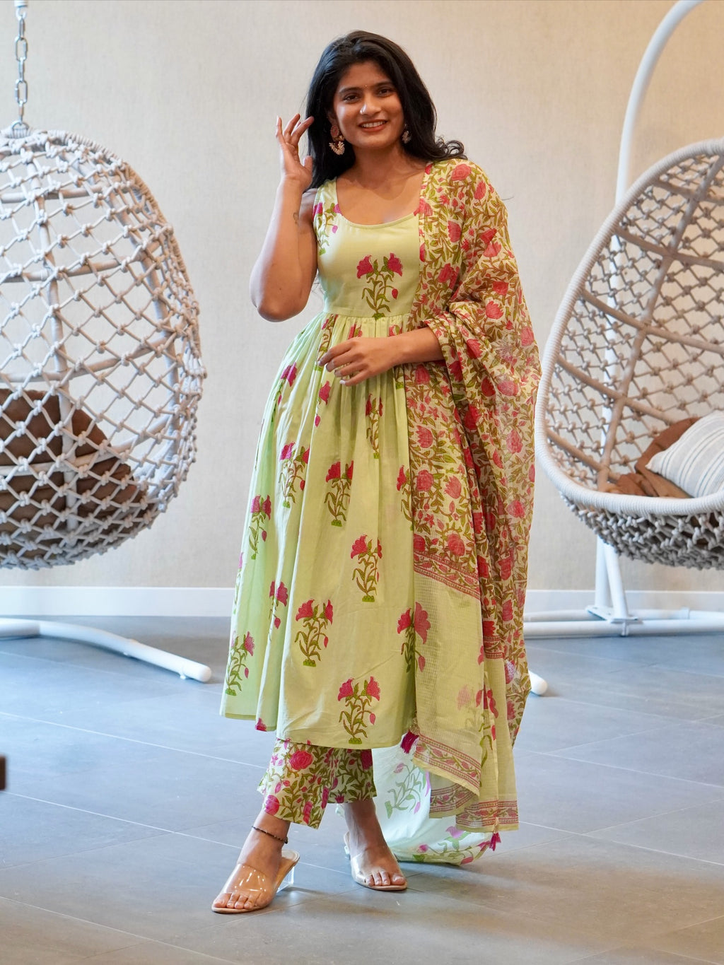 Green/Pink Floral Kurta Set