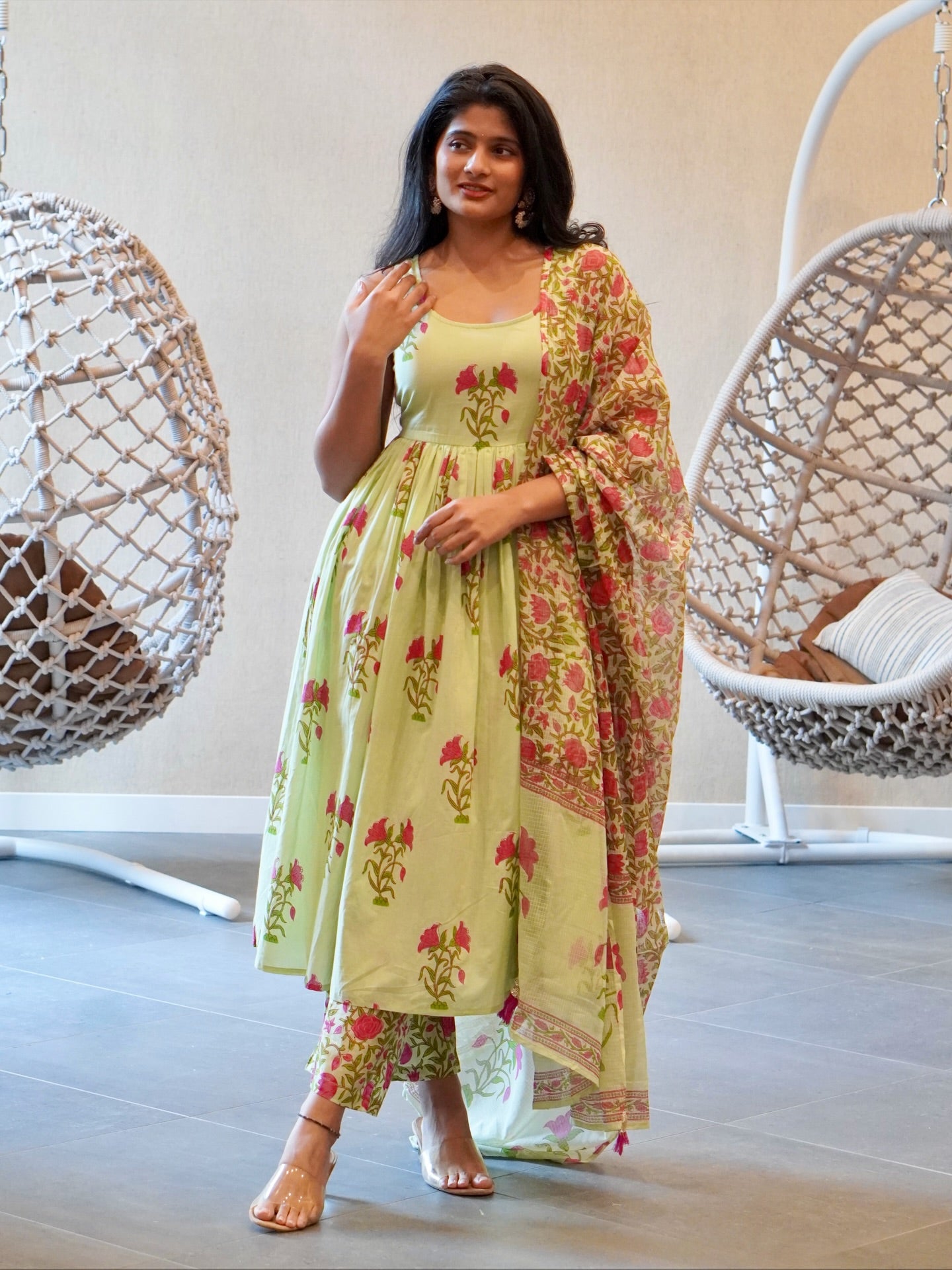 Green/Pink Floral Kurta Set