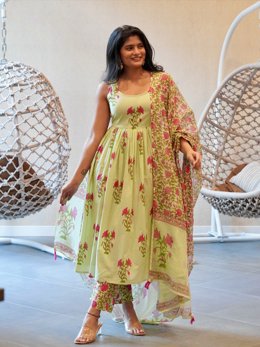 Green/Pink Floral Kurta Set
