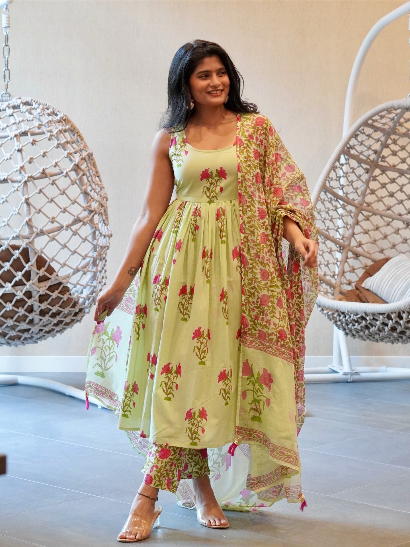 Green/Pink Floral Kurta Set