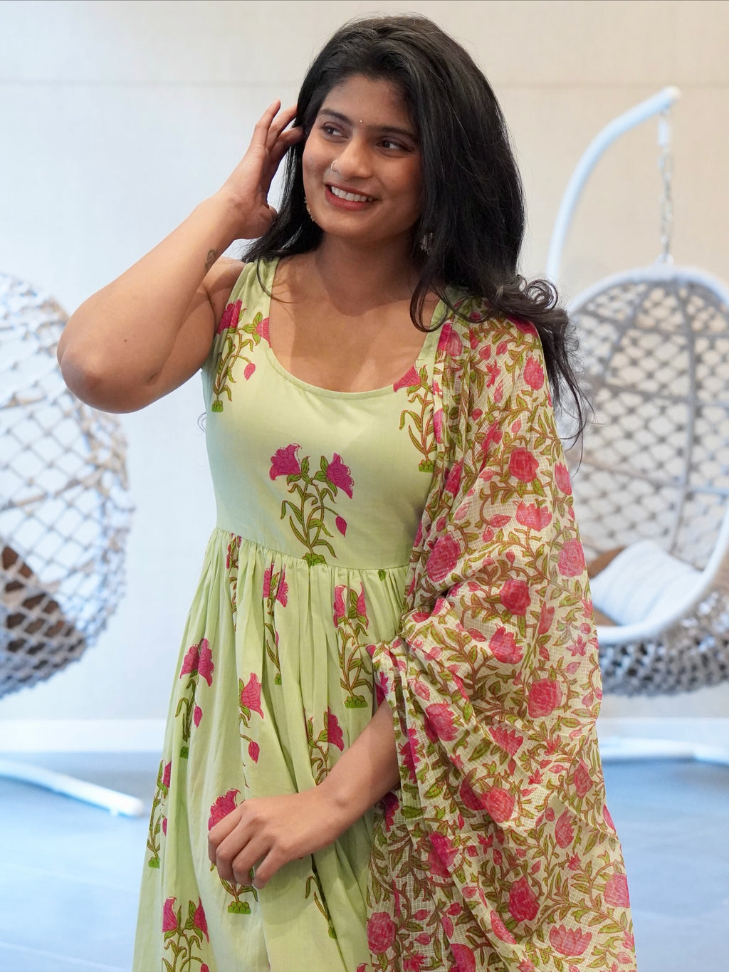 Green/Pink Floral Kurta Set