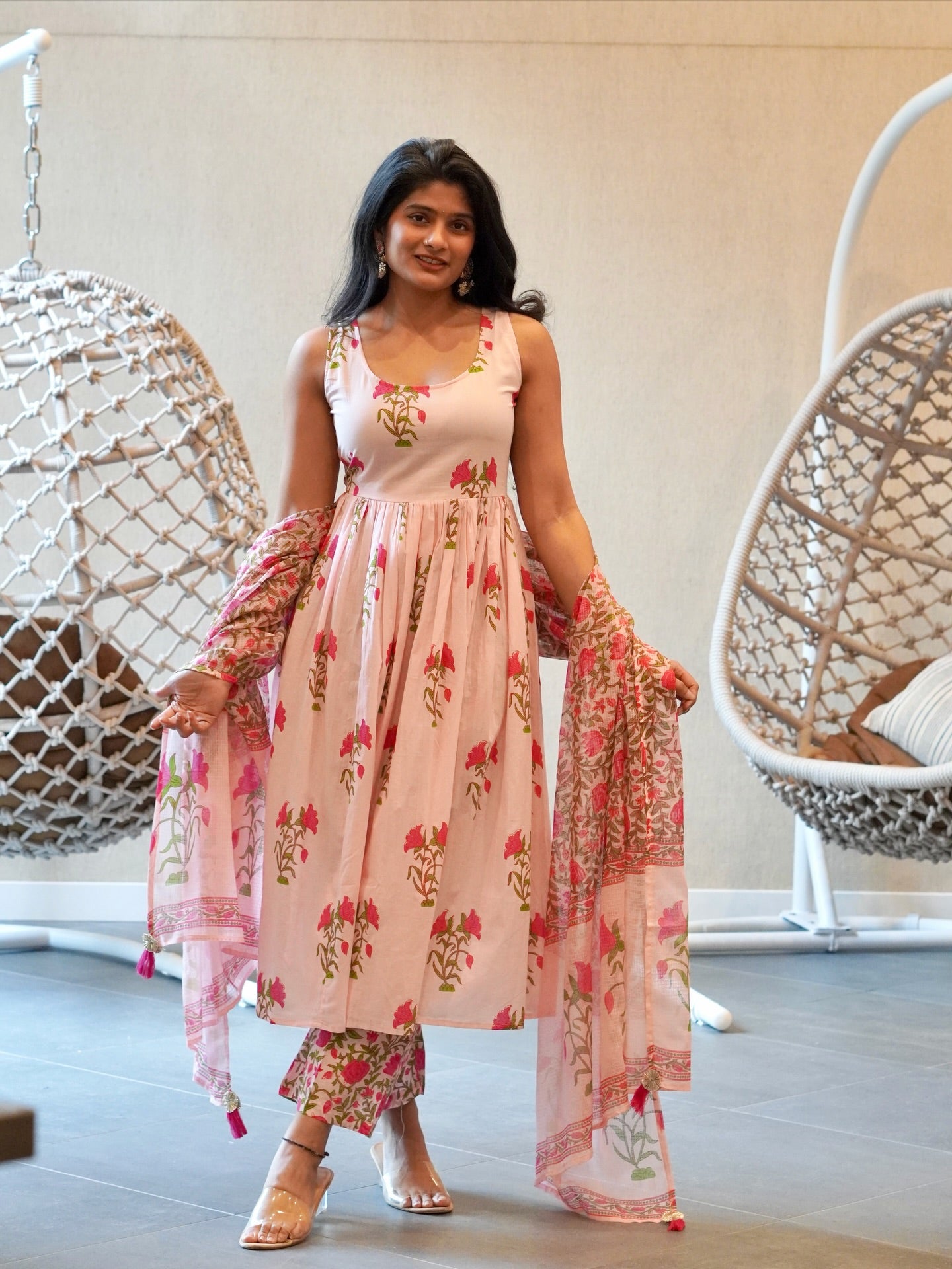 Green/Pink Floral Kurta Set