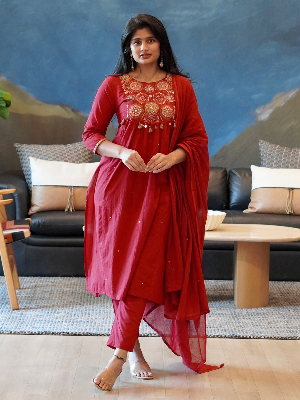 Red/Mustard Yellow Embroidered Kurta Set