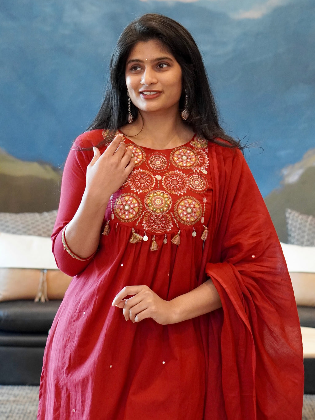 Red/Mustard Yellow Embroidered Kurta Set