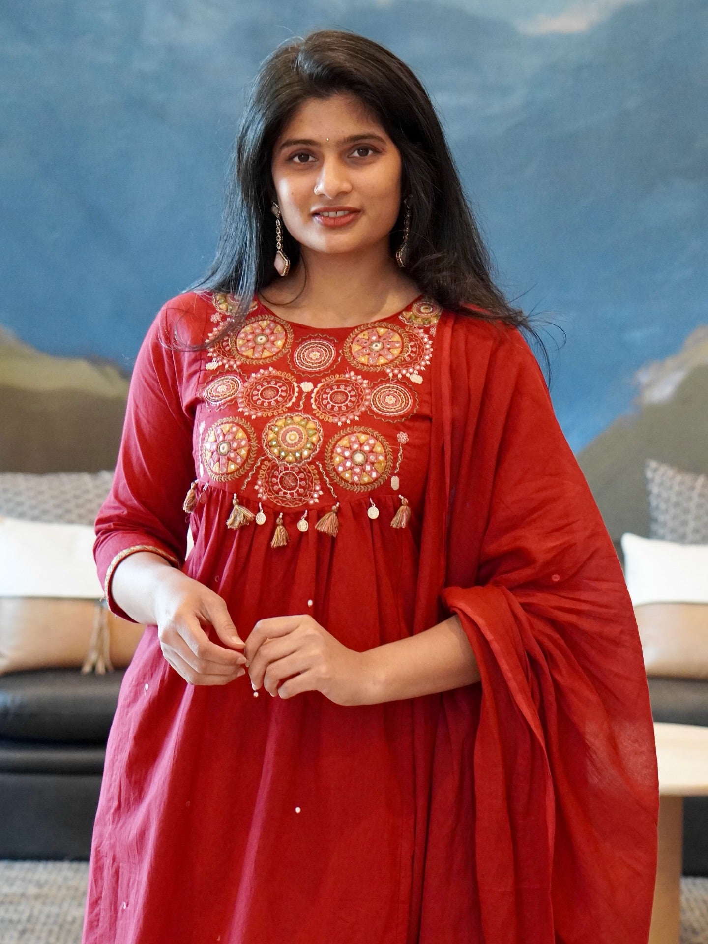 Red/Mustard Yellow Embroidered Kurta Set
