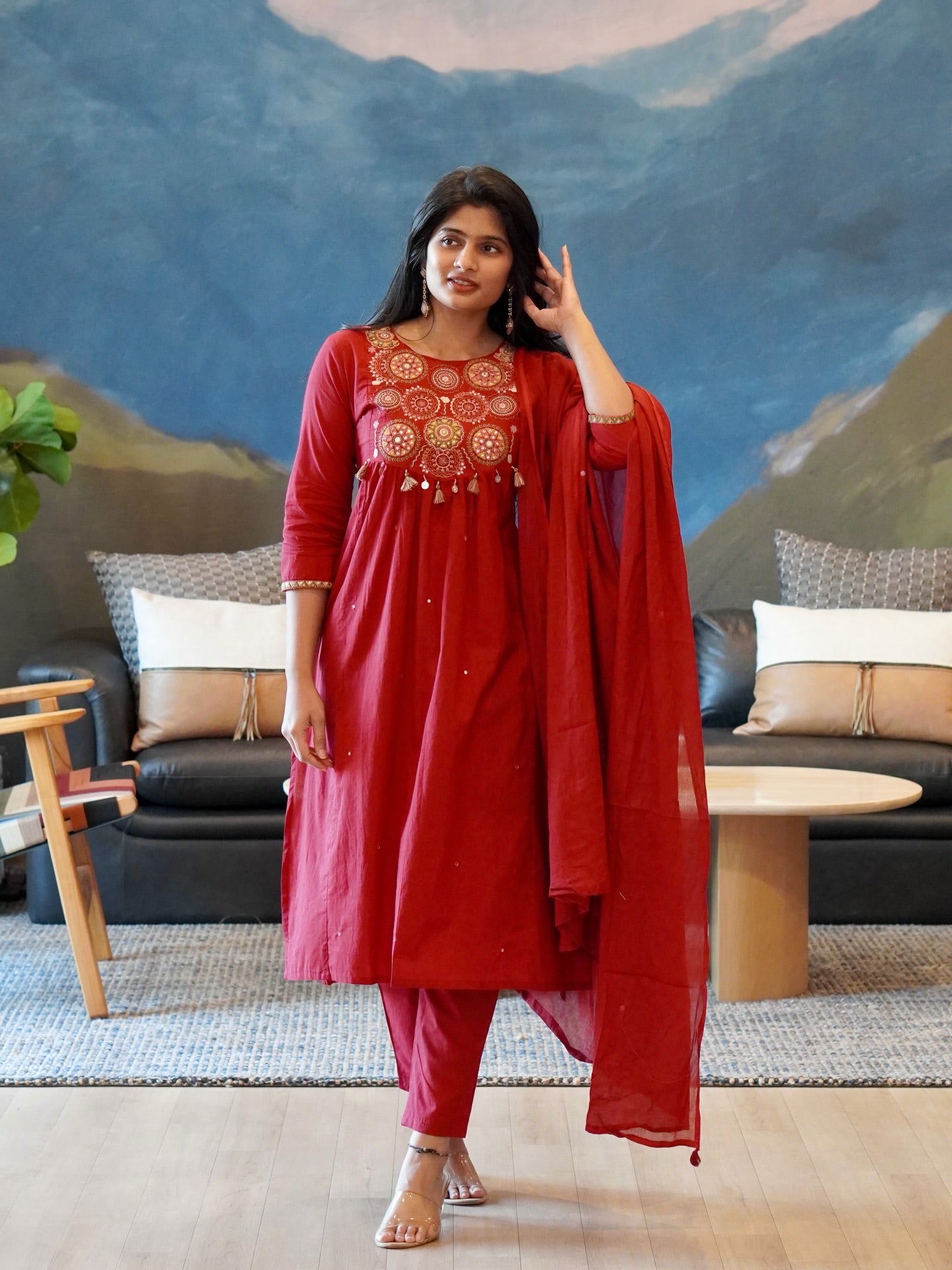 Red/Mustard Yellow Embroidered Kurta Set