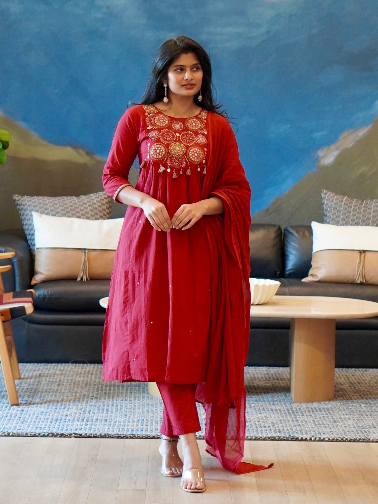 Red/Mustard Yellow Embroidered Kurta Set