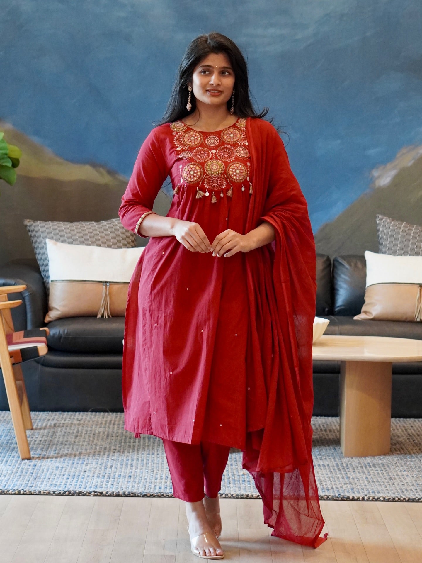 Red/Mustard Yellow Embroidered Kurta Set