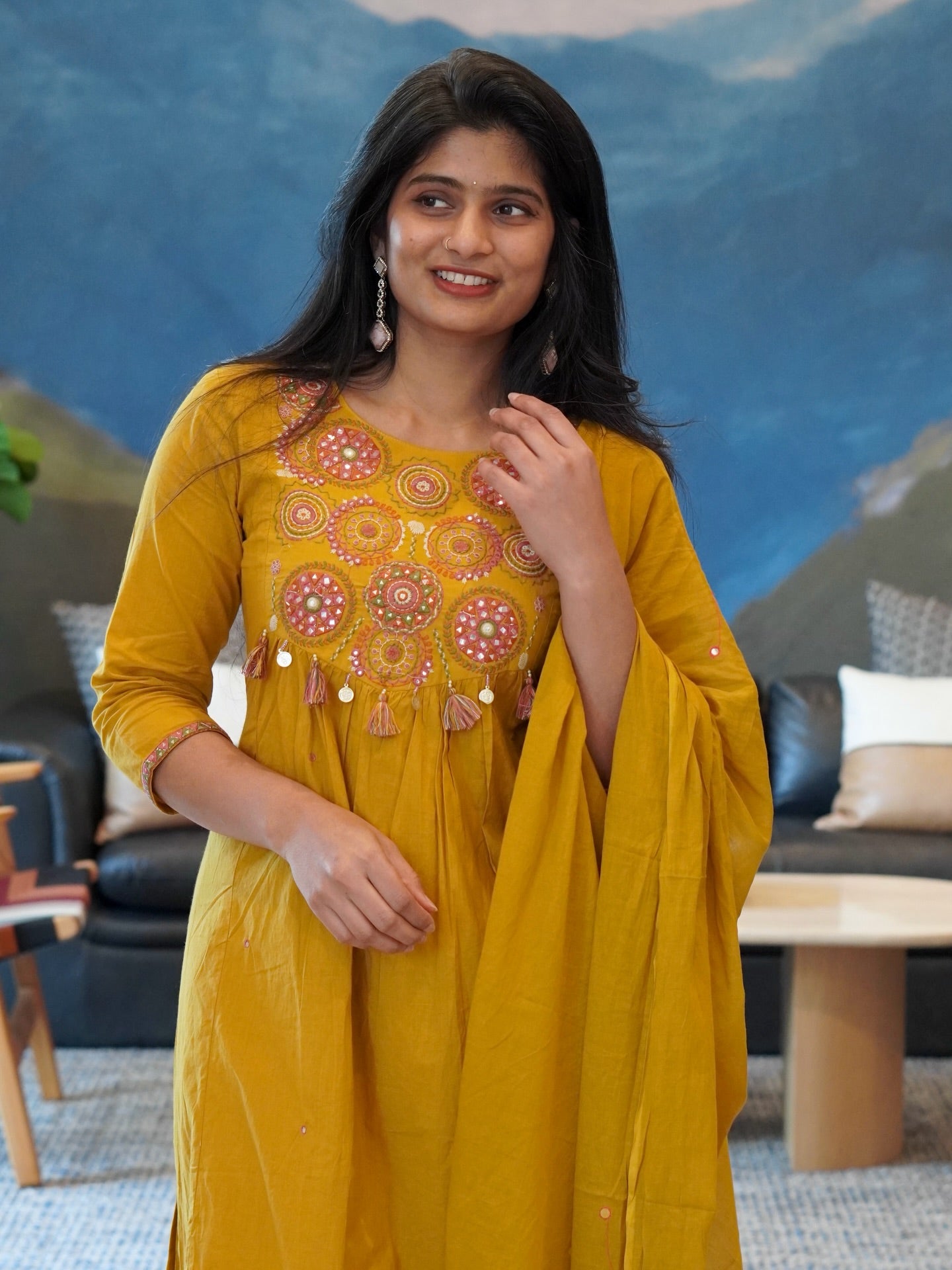 Red/Mustard Yellow Embroidered Kurta Set