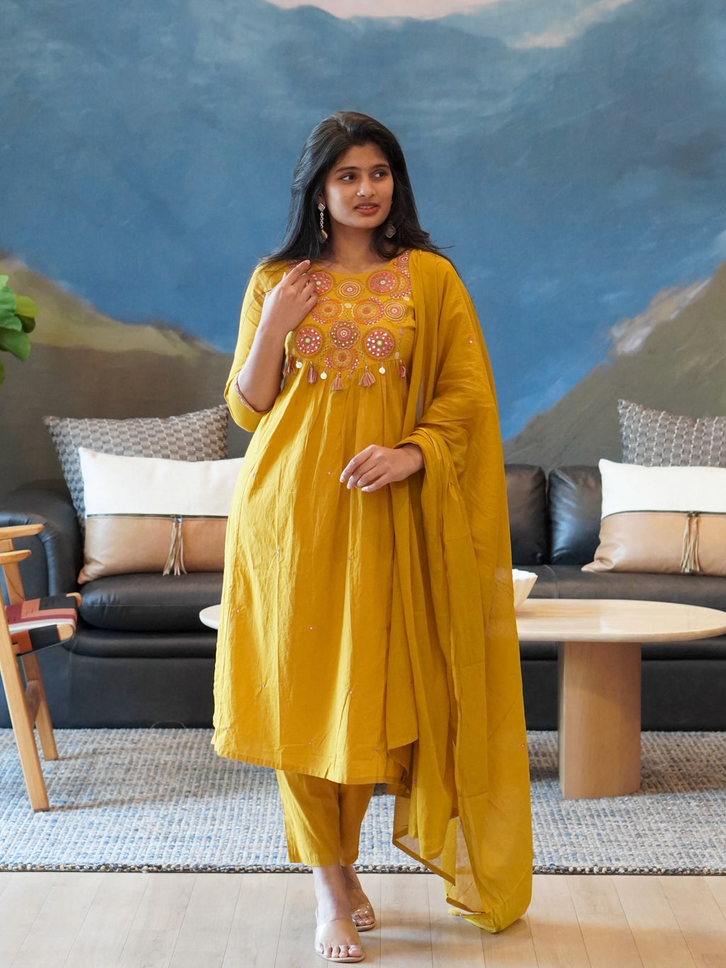 Red/Mustard Yellow Embroidered Kurta Set