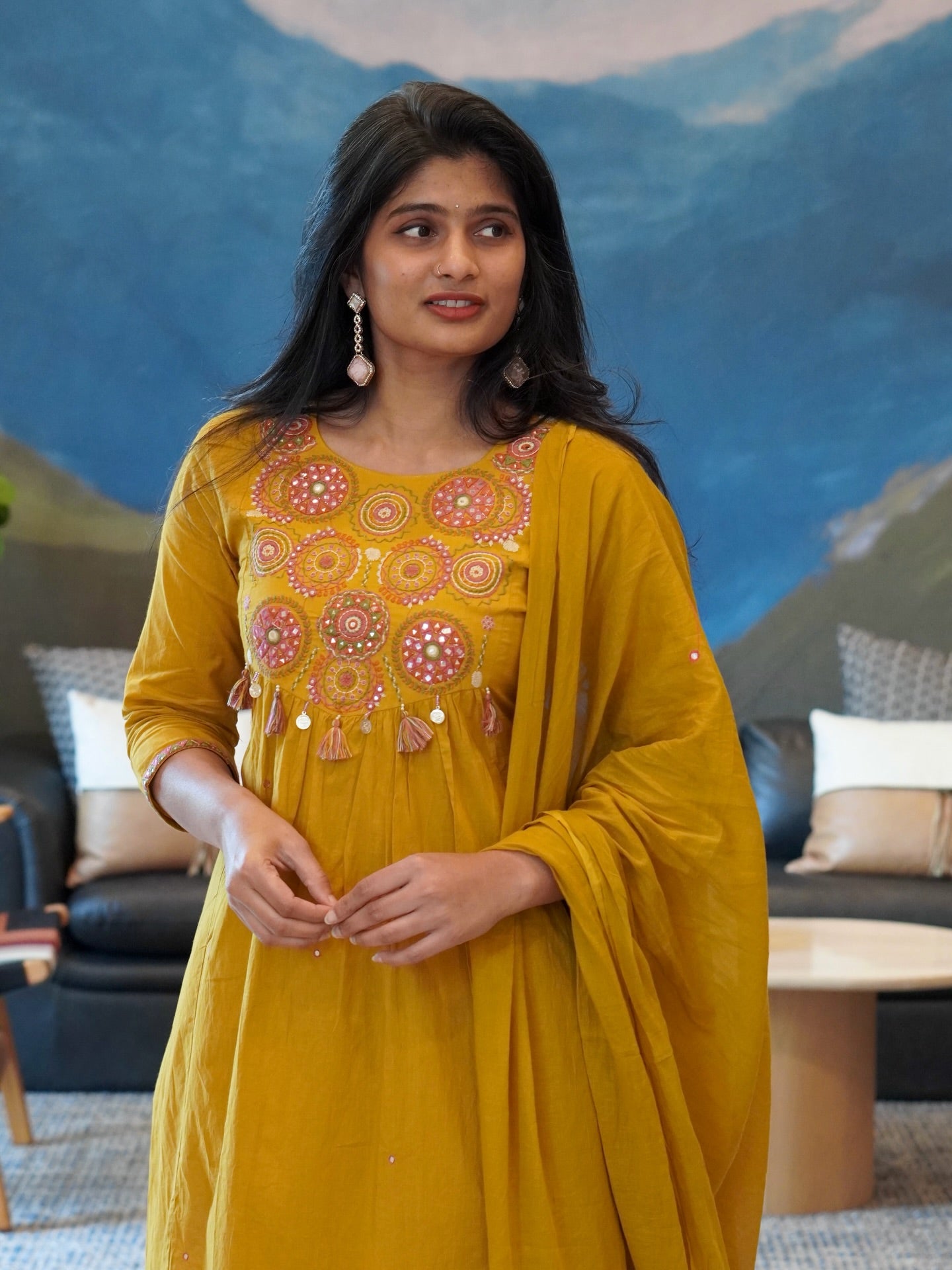 Red/Mustard Yellow Embroidered Kurta Set