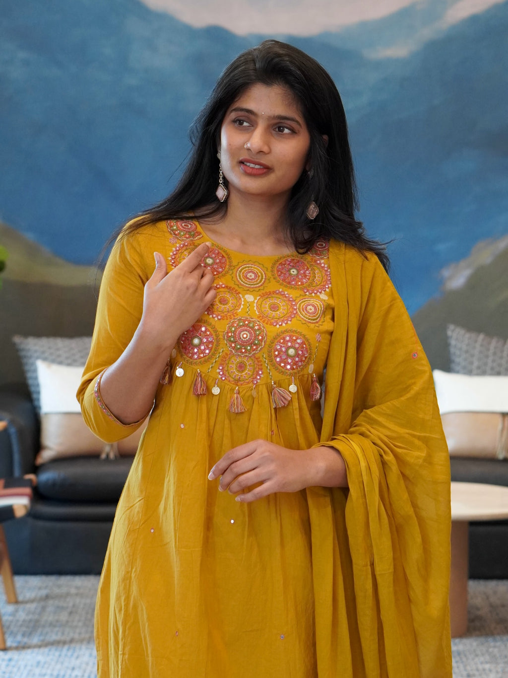 Red/Mustard Yellow Embroidered Kurta Set