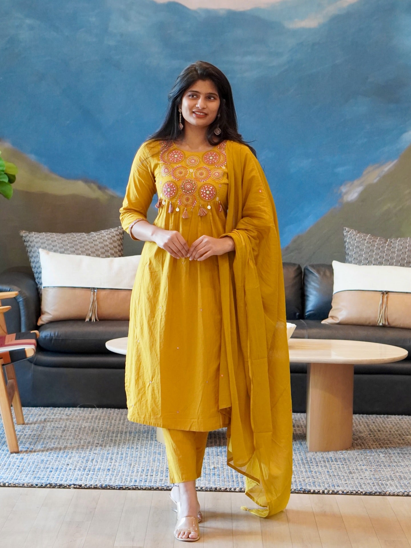 Red/Mustard Yellow Embroidered Kurta Set